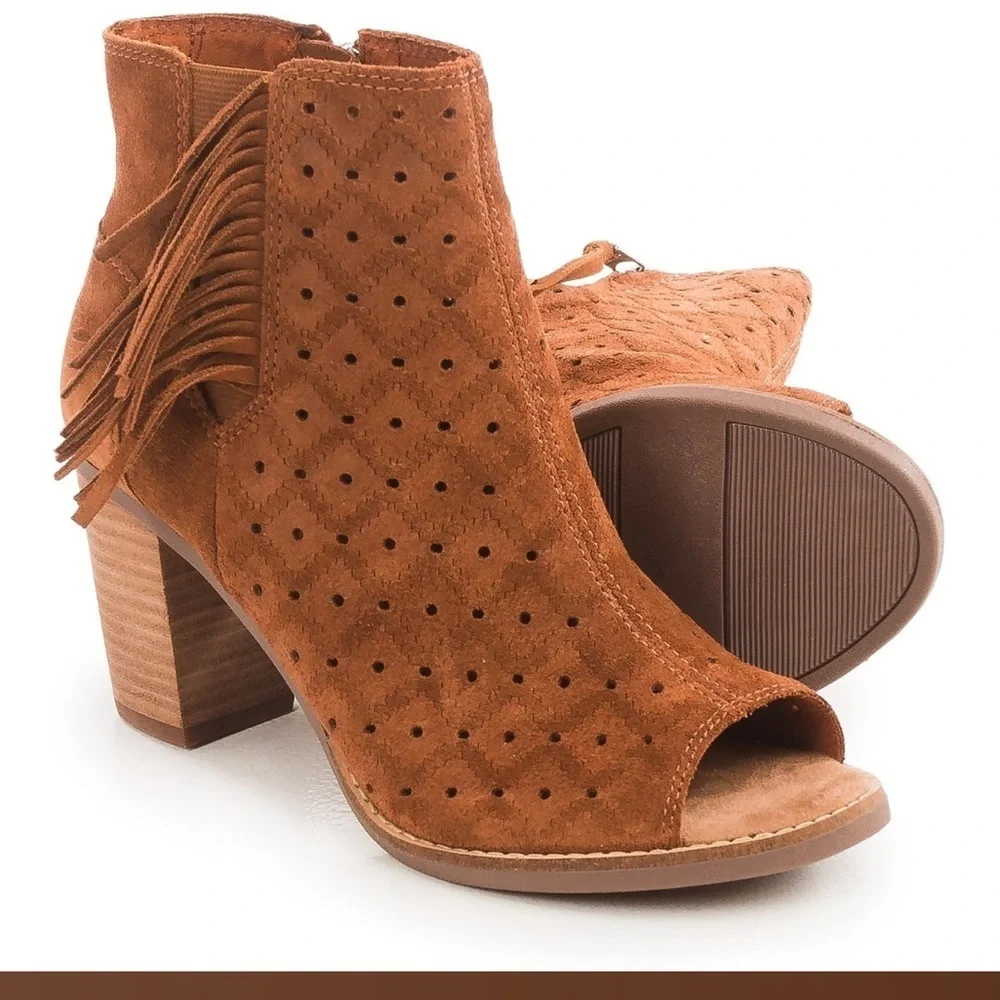 TOMS Rust Tassel Fringe Suede Leather Peep Toe Booties Size 6.5